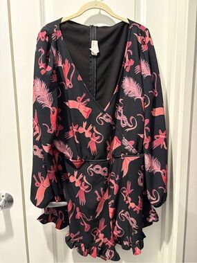 Women's Black and Pink Printed Romper - V-Neck Long Sleeve